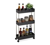 Relaxdays Estantería con Ruedas, 3 Baldas, 70 x 15,5 x 40,5 cm, Carrito Estrecho para Baño y Cocina, 4 Ganchos, Negro