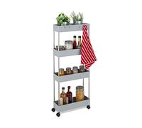 Relaxdays Estantería con Ruedas, Plástico, 98 x 15,5 x 40,5 cm, Carrito Estrecho para Baño y Cocina, 4 Ganchos, Gris, Acero Inoxidable