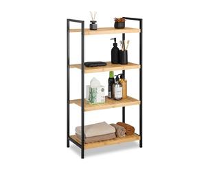 Relaxdays Estantería de bambú, Multi-usos, Organizador para el baño o Cocina, Cuatro estantes, Marco de Metal, Marrón, 97 x 50,5 x 27 cm