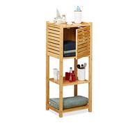 Relaxdays Estantería de bambú para baño, Tres estantes, 1 Compartimento con Puerta, 87,5 x 35 x 29 cm, 1 Ud., Marrón