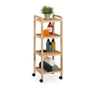 Relaxdays Estantería, Madera Nogal, 97 x 35 x 31 cm, Estante Aseo con Ruedas, 4 Baldas, Baño y Cocina, Natural