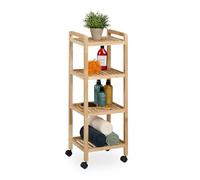 Relaxdays Estantería, Madera Nogal, 97 x 35 x 31 cm, Estante Aseo con Ruedas, 4 Baldas, Baño y Cocina, Natural
