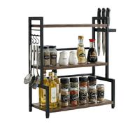 Relaxdays Estantería de cocina para encimera, altura x anchura x profundidad: 51 x 43 x 20 cm, gancho y soporte para cuchillos, estante para especias industrial, marrón/negro