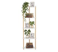 Relaxdays estantería de Esquina, Blanco/Natural | 5 estantes, salón, MDF, bambú, 143,5 x 38 x 25 cm