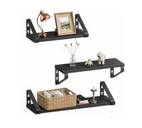 Relaxdays estantería de Pared 3 Piezas Efecto Madera y Metal, estantes para Libros y decoración, 30/35/40 cm Negro