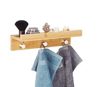 Relaxdays Estantería de Pared con 3 Ganchos de Metal, Perchero Pasillo Estante Bambú, Toallero Baño 10x36x12cm, Natural
