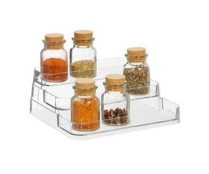 Relaxdays Estantería Especias 3 Baldas, Soporte Diseño Escalonado, Organizador 10,5x26x24cm, Plástico, Transparente