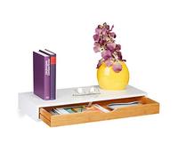 Relaxdays Estantería Flotante con cajón, Altura x Anchura x Profundidad: 8 x 60 x 24 cm, diseño escandinavo, Almacenamiento, MDF, bambú, Blanco/Natural, Tablero de Fibra
