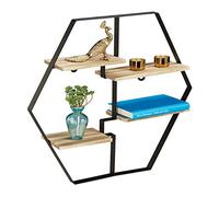 relaxdays Estantería Hexagonal de Pared, Cuatro baldas, Madera & Hierro, 52x60x12, 1 Ud., Negro & Marrón