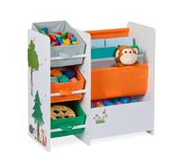 Relaxdays Estantería Infantil 3 Cajas, 4 Bolsas y 1 Compartimento, Librería Niños, 64x64x30cm, Diseño Bosque, Multicolor