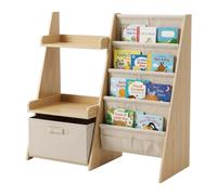 Relaxdays estantería Infantil 3 en 1, MDF Blanco/Natural | 7 bolsillos para libros, 2 estantes, caja, 80×84,5×34,5 cm