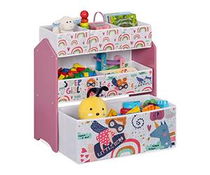 Relaxdays Estantería Infantil con 6 Cajas, 66x63x30 cm, Organizador Juguetes Superheroína, Mueble Juguetero, Multicolor