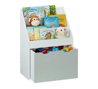 Relaxdays Estantería Infantil con 3 Baldas, Caja con Ruedas, 70x50,5x28cm, Organizador Juguetes Estrecho, Blanco y Gris