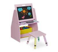 Relaxdays Estantería Infanftil con Pizarra y Taburete, Estante con 2 Compartimentos y 1 Caja de Tela, 84x52x45 cm, Rosa, Poliéster
