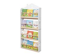 Relaxdays estantería Infantil de Pared 130×60×15 cm para Libros, 4 Compartimentos, Forma de casa, Blanco/Natural