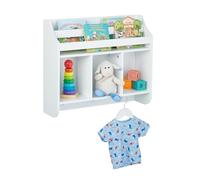 Relaxdays Estantería Infantil de Pared, Librería Niños 5 Estantes, 3 Perchas, 51,5x60x17,5 cm, Mueble Juguetes, Blanco, Tablero de Fibras