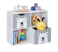 Relaxdays Estantería Infantil con Osos, 48 x 60 x 24,5 cm, Organizador Juguetes Cuarto Niños, Juguetero, Blanco y Gris, Tablero de Fibras