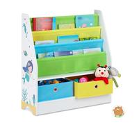 Relaxdays Estantería Infantil, Diseño Marino, 2 Cajas y 3 Bolsas Tela, Mueble Juguetes, Librería, 74x71x23cm, Multicolor