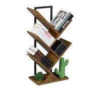 Relaxdays Estantería Libros, 4 Niveles, Librería Árbol, 71x40x21,5 cm, para CDs y DVDs, Salón, Despacho, Marrón y Negro, Tablero de Fibras, Acero