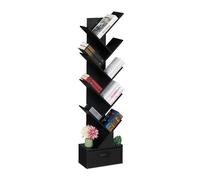 Relaxdays Estantería Libros, 9 Estantes, Librería Árbol, 146 x 38 x 22 cm, para CDs y DVDs, Salón, con Cajón, Negro