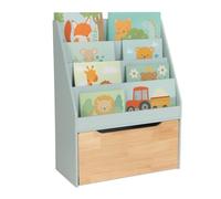 Relaxdays Estantería niños, 80 x 60 x 30 cm, 4 estantes, Caja de Juguetes con Ruedas, Turquesa/Natural, Tablero de Fibras, Madera