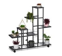 Relaxdays Estantería para Plantas Metálica, 9 Niveles, 91,5 x 93 x 26 cm, Repisas de Flores, con Ruedas, Metal, Negro, Acero