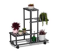 Relaxdays Estantería para Plantas Metálica, 4 Niveles, 60,5 x 61,5 x 26 cm, Repisas de Flores, con Ruedas, Metal, Negro, 91,5 x 93 x 26 cm
