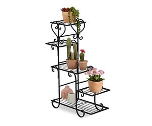 Relaxdays Estantería para Plantas, Mueble Macetas y Flores Metal, Retro, 5 Baldas, 75 x 56 x 23 cm, para Interior, Negro, Madera