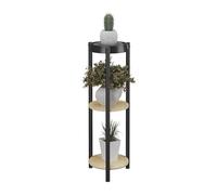 Relaxdays Estantería para Plantas Redonda, 3 Baldas, Interior, 71x24x24 cm, Estante Metálico para Flores, Negro/Natural, Tablero de Fibras, Hierro, Plástico