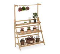 Relaxdays Estantería Plantas, 3 Baldas y Percha Macetas, 145,5 x 100 x 38 cm, Bambú, Escalera Flores Plegable, Natural