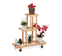 Relaxdays Estantería Plantas Bambú, Soporte Macetas y Flores, Madera, 3 Niveles, 82x81x36 cm, Ruedas, Interior, Natural