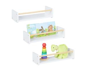 Relaxdays Estantes de Pared Infantiles, Set de 3, Baldas Flotantes Niños, 12x50x18 cm, Estantería Niños, Blanco/Natural