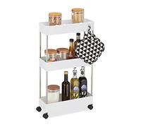 Relaxdays estantes Estantería con Ruedas, 3 Baldas, 70 x 15,5 x 40,5 cm, Carrito Estrecho para Baño y Cocina, 4 Ganchos, Blanco, Acero Inoxidable
