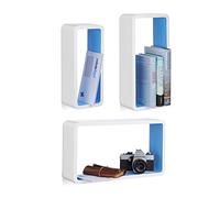 Relaxdays Estantes Pared en Forma de Cubo, Madera, Blanco y Azul, 10x44x24 cm, 3 Unidades