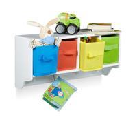 Relaxdays, 28 x 61 x 16 cm, Blanco Estantería Infantil Albus, Organizador de Pared, 4 Perchas, 4 cestas Plegables, Tablero de Fibras