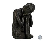 Relaxdays Estatua Buda pensativo para jardín o salón, Resina Sintética, Gris oscuro, 60 cm