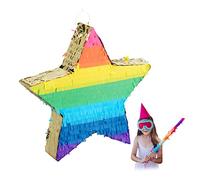Relaxdays Estrella, Piñata Fiestas para Rellenar, Niños y Adultos, Arcoíris, Colgante, Multicolor y Dorado, Color, 1 Unidad (10031478)