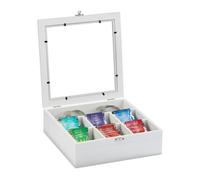 Relaxdays Caja para té e infusiones, Siete compartimentos, Para 100 bolsitas, 6 x 25 x 25,5 cm, 1 Ud., Blanco