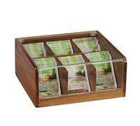 Relaxdays Estuche para bolsitas de té, Seis Compartimentos, con Tapa, 9,5 x 22 x 20,5 cm, Marrón, 1 Ud