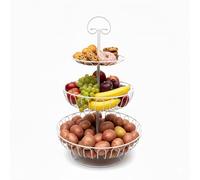 Relaxdays Etagere de Frutas de 3 Pisos, Metal, HxD: 47 x 30 cm, Frutas y Verduras, con Mango, Cesta Redonda, Blanca