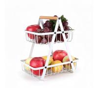 Relaxdays Etagere para Fruta, 2 Pisos, Metal, asa de Madera, 34 x 26 x 17 cm, frutero Blanco