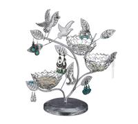 Relaxdays Expositor Pendientes Árbol, 88 Agujeros, 3 Cuencos para Anillos, Hierro, Joyero Vertical 34x39x15cm, Plateado