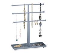 Relaxdays Expositor Joyas, 3 Barras, Forma T, Collares, Pendientes, Pulseras, con Balda, Metal, Joyero, Plateado