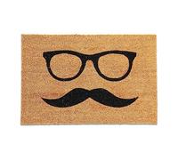 Relaxdays Felpudo Coco, Dibujo Bigote, Alfombrilla Puerta Entrada, 60 x 40 cm, Antideslizante, Resistente, Natural/Negro