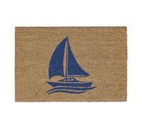 Relaxdays Felpudo Coco, Estampado Velero, Alfombrilla Puerta Interior y Exterior, Marítima, 60 x 40 cm, Natural/Azul