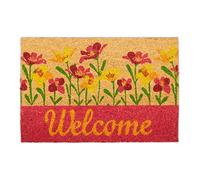 Relaxdays Felpudo Fibra de Coco, Mensaje Welcome y Flores, 40x60 cm, Interior y Exterior, Antideslizante, Natural/Rojo