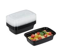 Relaxdays Fiambreras Plástico, Recipientes con Tapa, Set de 10, Meal Prep, 1000 ml, para Microondas, Negro