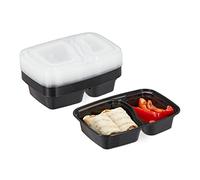Relaxdays Fiambreras Plástico, Set de 10, 2 Compartimentos, Meal Prep, Microondas, 800 ml, Recipientes con Tapa, Negro