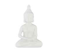 Relaxdays Figura Buda Sentado, 17 cm, Estatua Budista Jardín, Resistente Intemperie y Heladas, Exterior, Salón, Blanco, Cerámica