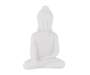 Relaxdays Figura Buda Sentado, 17 cm, Estatua Budista Jardín, Resistente Intemperie y Heladas, Exterior, Salón, Blanco
